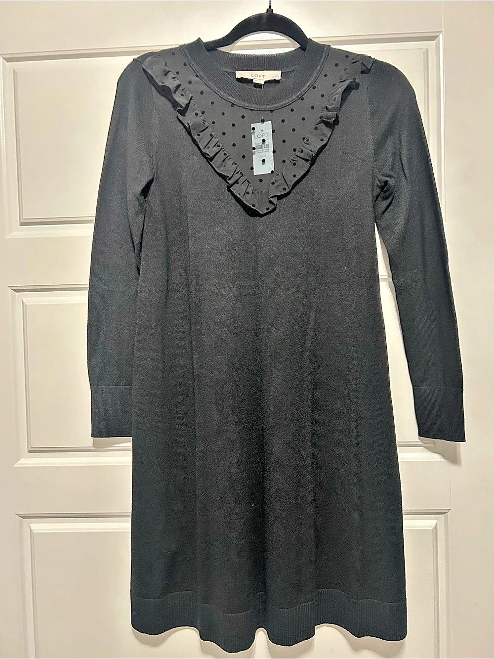 LOFT Polka Dot Ruffle Mini Dress in Black Size XXS NWT